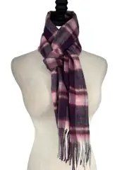 NWT Edinburgh 100% Lambswool Soft Scarf With Fringe 65x10 Purple Plaid