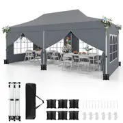 Costway Gazebo 3×6m Pop up Marquee UPF50+ Wedding Party Tent Side Wall Outdoor Camping Canopy Carport w/Carrying Bag Grey