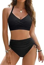[Blooming Jelly] Womens High Waisted Bikini Sets Drawstring Tummy Control Swimsuits Crisscross Tie Back Bathing Suit