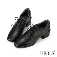 在飛比找momo購物網優惠-【HERLS】牛津鞋-全真皮方頭素面粗跟德比鞋牛津鞋(黑色)