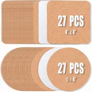 54 Pcs Cork Coasters 4 Inches with Adhesive, Cork Sheets Mats Bulk for Drinks, Edge Squares Cork Tiles and 27 Pcs Round Cork Pads (4"x 4", 54pcs)