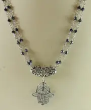 Necklace with Double Chain with Charcoal Crystals & Hamsa Handcrafted Statement