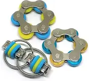 Fidget Flippy Roller Chain Toys with Metal and Silicone Rings - Stress Relief Perfect for ADHD, ADD, Anxiety in Office, School Stocking Stuffers Gifts (Blue, Yellow)