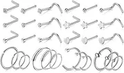 [LOCCY] 30PCS 20G Nose Studs Nose Rings, Stainless Steel Nose Rings L-Shaped Nose Stud Screws with Cubic Zirconia Silver/Gold Nose Piercing Jewellery for Men Women