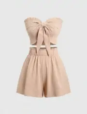 New Tie Front Strapless 2-Piece Crop Tube Top Bandeau & Shorts Set SIZE M