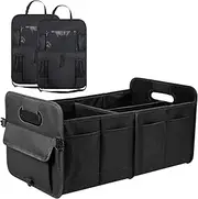 Car Boot Organiser with Super Capacity Storage – Collapsible, Car Trunk Organizer with Reinforced Handles, Adjustable Straps & Non-Slip Bottom – 2 Seatback Organisers for SUVs, Sedans, & RVs - Black