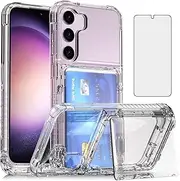 [Asuwish] Phone Case for Samsung Galaxy S23 5G Clear Transparent Wallet Cell Cover with Tempered Glass Screen Protector and Slim Credit Card Holder Slot S 23 23S GS23 G5 SM-S911U 6.1 inch Women Men