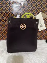 Tory Burch Blake Canvas Color Block Bucket Bag Dark Mahogany