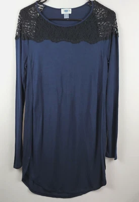 Old Navy Tunic Top Women PS Blue With Black Lace Trim Long Sleeve Stretch Rayon