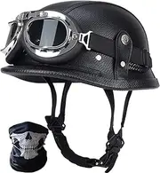 German Retro Leather Motorcycle Half Helmet DOT/ECE Approved Adult Men Women Open Face Helmet, with mask Goggles, for Cruiser Scooter Moped Chopper Jet Helmet J,XXL=63-64cm