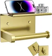 Tindbea Toilet Paper Holder with Phone Shelf + Towel Robe Hooks, Adhesive or Screw Wall Mounted Toilet Paper Roll Storage Dispenser, Stainless Steel Bathroom Tissue Roll Holder (Brushed Gold)