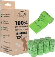 Eco Basics 100% Compostable Dog Poo Bags, 8 Rolls 120 Count, OK Compost Certified Thick Leak Proof Dog Waste Poo Bags 22 x 33 cm, Unscented Doggy Poop Bag