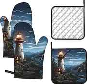 4 pcs Oven Mitts and Pot Holders Set 500°F Heat Resistant Oven Gloves and Hot Pads Kitchen Mittens Santa Claus Lighthouse Cooking Gloves Potholders for Baking Grilling