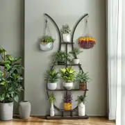 Fin 5 Tier Tall Plant Stand Indoor Vase-Shape Metal Plant Shelf Ladder Hanging Hooks