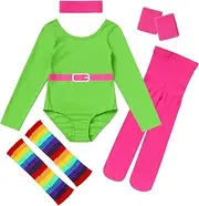 [ODASDO] 80s Workout Outfit For Girls Halloween Costume Retro 1980s Party Cosplay Fitness Leotard Leg Warmers Headband Set 5PCS