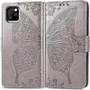 Flip Floral Wallet Case Compatible with iPhone 11 PRO MAX 6.5 inch Case,for Women,Butterfly Embossed Folio Flip PU Leather Magnetic Wallet Shockproof Full Body Protective Purse w/Money Pocket-Grey