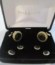 Bill Blass Cufflinks & Studs, Speckled Black Enamel, NOS