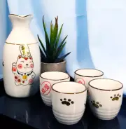 Japanese Maneki Neko Lucky Charm Cat Ceramic White Sake Set Flask With Four Cups