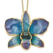 Fashion 24K Gold-Trim Lacquer Dipped Blue And Purple Real Dendrobium Orchid 20 Inch Gold-Tone Necklace