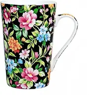 PMNING Bone China Tall Coffee Mug Floral Coffee Mug Tea Cup - 14 oz Flower Tea Cup Tall Coffee Cup Gifts for Women Mom Friend (Black)
