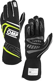 OMP Racing Driving Gloves, First, FIA Approved, Single Layer, Fire Retardant Fabric, Black/Fluorescent Yellow, Large, Pair