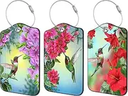 [Vmumam] 3 Pack PU Leather Luggage Tag for Suitcase Hummingbird with Hibiscus Suitcase Tags with Privacy Name ID Label and Stainless Steel Loop for Travel Bag Suitcase