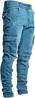 [Generic] Men's Cargo Slim Elastic Waist Rugged Stretch Jeans Classic Multi Pocket Hiking Pant Comfort Lightweight Work Pants, Blue 2, 4X-Large