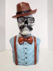 New 2023 Skeleton Man Head Bust Décor Disguised w/ Mustache, Hat, & Glasses