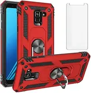 Asuwish Phone Case for Samsung Galaxy A8 2018 with Tempered Glass Screen Protector Stand Ring Holder Shockproof Heavy Duty Cell Accessories Magnetic Metal Hard Kickstand Glaxay 8A A530W SM-A530W Red