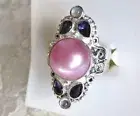 Pink Mabe Pearl, Iolite & Rainbow Moonstone Ring / Size 11 / 925 Sterling Silver