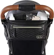 Itzy Ritzy Adjustable Stroller Caddy - Stroller Organizer Featuring Two Built-In Pockets, Front Zippered Pocket & Adjustable Straps To Fit Nearly Any Stroller, Black with Gold Hardware