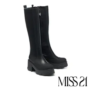 長靴 MISS 21 未來簡約純色彈力切爾西高跟厚底長靴－黑