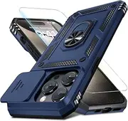 Janmitta for iPhone 15 Pro Case Built in Slide Camera Lens Cover+Screen Protector,Heavy Duty Shockproof Full Body Phone Cover with Finger Ring Holder Kickstand,Blue