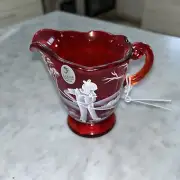Fenton Ruby Red Cream Pitcher Mary Gregory HP Girl Racking Leaves