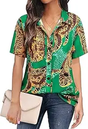 [MYMORE] Women's Leopard Print Shirt 2025 Short Sleeve Animal Cheetah Print Button Down Shirts Top Tropical Hawaiian Shirt