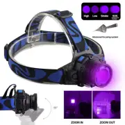 LED UV Headlamp USB Headlight 3 Modes Zoomable Head Torch Rechargeable 395nm