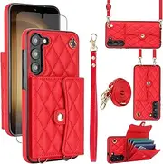 [Asuwish] Phone Case for Samsung Galaxy S23 Plus S23+ 5G Wallet Cover with Stand RFID Card Holder Strap Lanyard Leather Cell Accessories S23plus 23S + S 23 23+ SM-S916U 6.6 inch Women Girls Red