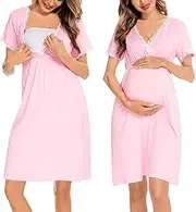 [SWOMOG] Women 3 in 1 Delivery/Labor/Nursing Nightgown Short Sleeve Pleated Maternity Sleepwear for Breastfeeding