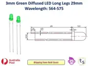 3mm Green Round Diffused LED Light Emitting Diodes Long Legs 29mm 100Pack