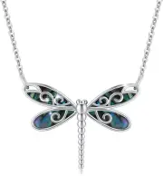 Dragonfly Abalone Shell Necklace, 925 Sterling Silver Animal Wolf Eagle Phoenix