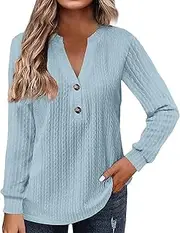 [Valtorixia] Women's Waffle Knit Tunic Tops Loose Long Sleeve Button Up V Neck Henley Shirts Solid Color Button Long Sleeve (Sky Blue,Small)