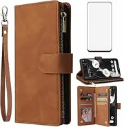 [Asuwish] Compatible with Google Pixel 7 Pro 5G Wallet Case Tempered Glass Screen Protector and Flip Cover Card Holder Cell Accessories Phone Cases for Pixel7Pro Pixel7 XL Seven 7Pro 6.7 Women Men Brown