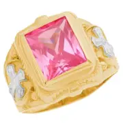10k or 14k Two-Tone Gold Mens Simulated Pink Tourmaline October Religious Ring