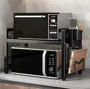 Microwave Oven Rack, 24.8in Expandable Microwave Stand with Storage Shelf Heavy Duty with 6 Hooks and Chopsticks Cutting Board Holder for Kitchen Countertop