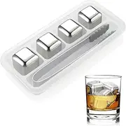 Stainless Steel Ice Cubes - 4 Pack Reusable Whisky Chilling Rocks Metal Ice with Tongs and Freezer Storage Tray for Beer Wine Cooler