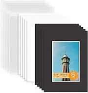 Mat Board Center, Pack of 5 Bevel Cut 5x7 Black Mat for 3.5x5 Photo with White Core Matte Set, Includes 5 Acid Free Mats, 5 Backing Board and 5 Clear Bags