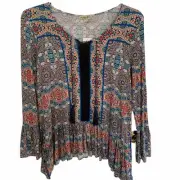 One World Multicolor Boho Print Peasant Top Petite Large NWT