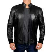 Men’s Real Leather Varsity Style Bomber Flight Military Tactical Jacket -Black