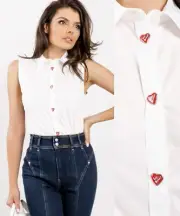 Love Moschino Heart Snap Button Sleeveless Stretch Poplin Shirt 4 US 40 IT