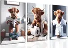 Funny Bathroom Highland Cow Wall Art Set of 3, Brown Cute Cow Animal Canvas Post